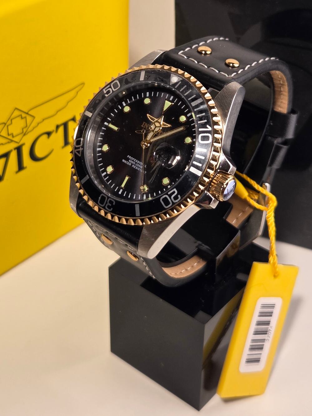 Invicta Pro Diver 22074 Black Gold 43mm 200M Quartz Leather Watch New